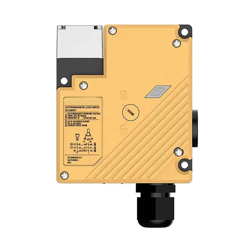 Yellow machine-guard interlock unit shown against a white background.